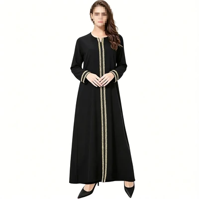 Black Abaya Dress for Muslim Women, Gold Embroidered Trim Long Sleeve Maxi Dress, Elegant Modest Islamic Kaftan for Daily and Formal Wear