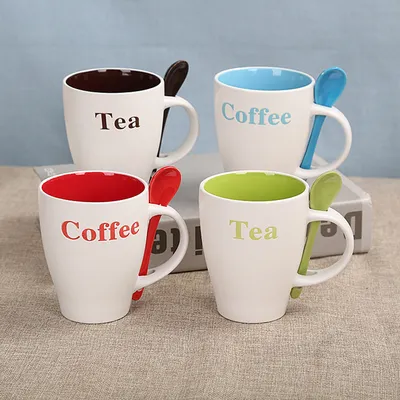 Hot Selling with Smart Porcelain Tableware Decals Coffee Cup Suacer Stoneware Milk Mug Novelty Colorful Ceramic Tea Mug with Spoon