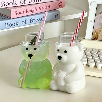 Factory Supply Cute Bear Figurine Glass Cup Reusable Juice Milk Creative Glassware