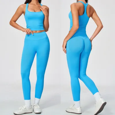 Women 2 Piece Seamless Workout Set, Cross Racerback Crop Tank Top with Ribbed Non-Slip Hem & High Waist Butt Lifting Legging