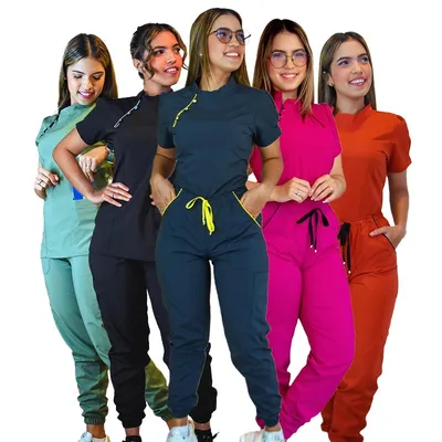 Flexible Fit Scrubs Uniforms Sets with Short Sleeve Panel and Reinforced Stand Collar for Work Environments