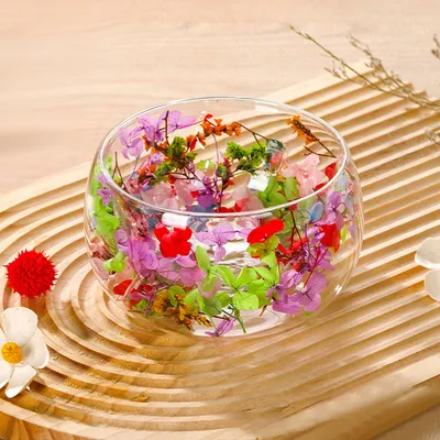 Double Walled Glass Salad Yogurt Ice Cream Snack Bowl with Flower Filling