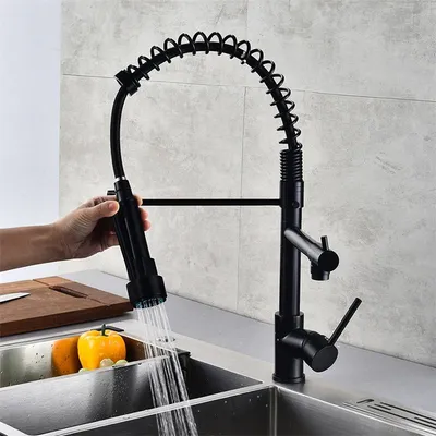 Single Handle Pull Down Sprayer 360 Rotation Spring Kitchen Faucet: Solid Brass, Pull out Sink Faucet, Brushed Surface, Thermostatic Feature, Hot/Cold Water