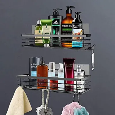 Shower Caddy with 5 Hooks Organizer for Hanging Razor and Sponge Bathroom Basket Adhesive Shower Shelf Storage Kitchen Rack Wall Mounted No Drilling Rustproof S