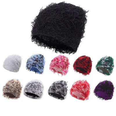 Distressed Knitted Beanie Fuzzy Winter Hats Thick Warm Y2K Beanie Snow Knit Cap Skull