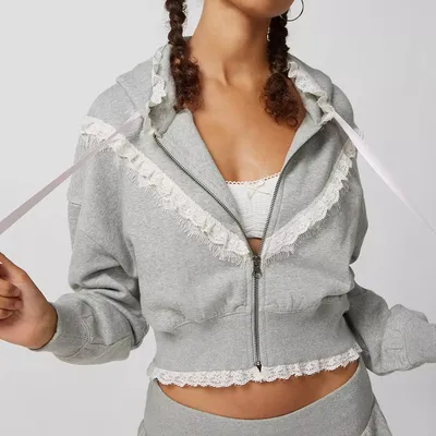 Lace Zipper Hooded Sweatshirt Spliced Cardigan Coat Slim Fit Long Sleeve Top Women's Casual Short Hoodie