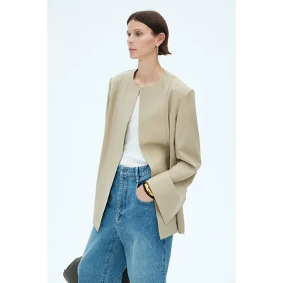 Wholesale Ladies Collarless Wool Blend Jacket, Minimalist Drawstring Waist Tailored Blazer Beige Wool Outerwear