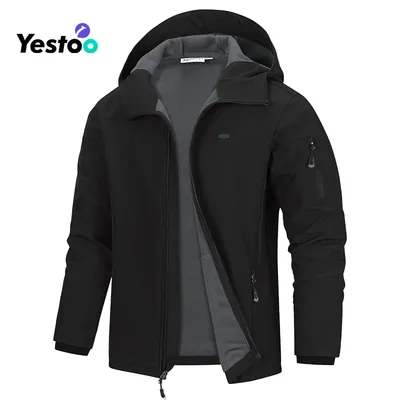 Men's Waterproof Soft Shell Jacket - Lightweight Fleece Hood for Outdoor