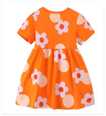 Round Neck Short Sleeve Printed Kids Dress Gathered Waist Design Loose Daily Casual Dress