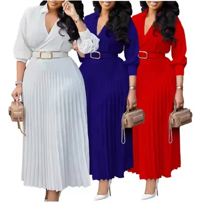 High-Quality Women's Solid-Color Long-Sleeved V-Neck Dress