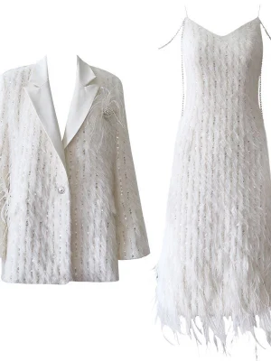 Heavy Industry Feather Sequin Long-Sleeved Suit Dress Jacket Suit