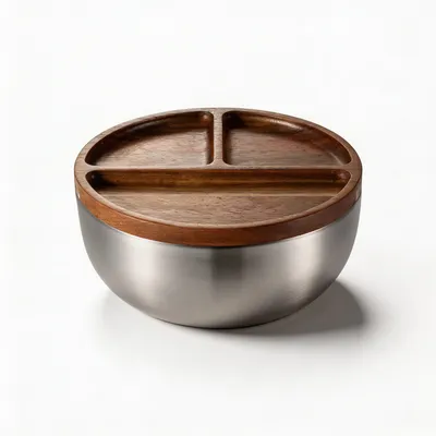 Premium Stainless Steel Tableware Salad Bowl & Wooden Fruit Bowl Plate Food Container for Home Use