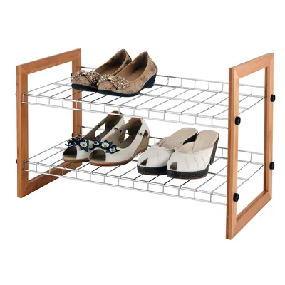 2 Layers Silver Gray Powder Coating Iron Metal Wire Detachable Shoe Rack with Natural Bamboo Frame