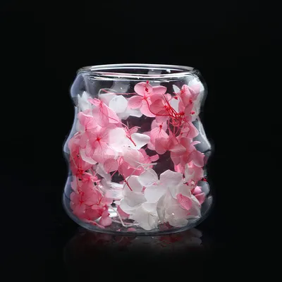 Ripples Double Walled Glass Cup with Dried Colorful Flowers Filling Drinking Glasses