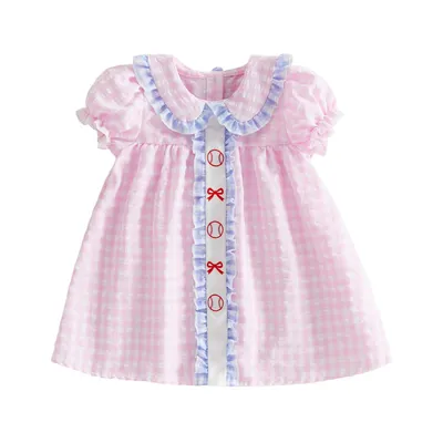 Plaid Fashionable Doll Collar Baseball Embroidery Short Bubble Sleeve Toddler Girls Dress
