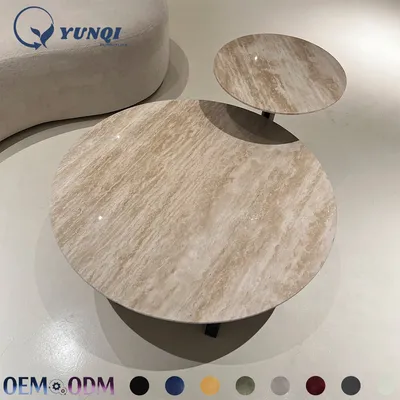 Combination Round Stone Top Center Table Natural Travertine Nesting Coffee Table