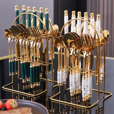 Stainless Steel Ceramic Handle Tableware 24 Piece Set Gift Box Set Western Tableware Knife, Fork and Spoon