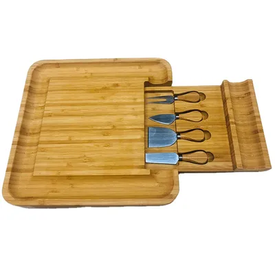 Extra Large Unique Bamboo Cheese Tray Plate Board Knife Block and Holder Cutting Board Set Bread Knife with Cutlery in Drawer