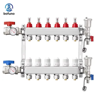 Abst Pex 6ways Manifold, Stainless Steel Floor Heat Manifold Kit with 1/2" Adapters Included for Hydronic Radiant Floor Heating