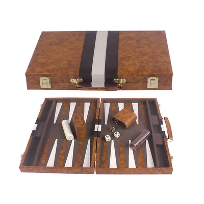 Classic Wooden Backgammon Set Brown White Faux Leather Folding Backgammon Case