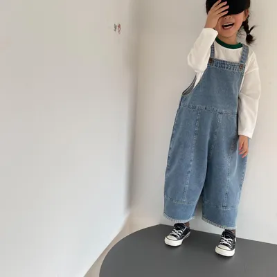Korean Style Autumn 2025 New Arrival Baby Pants Children's Denim Overall Loose and Versatile Suspender Wide-Leg Trousers