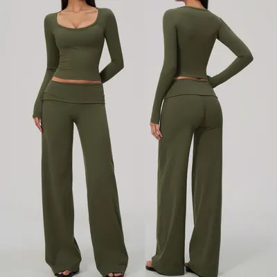 Women 2 Piece Workout Set, Large U-Neck Long Sleeve Fitted Top & Fold Over High Waist Wide Leg Pants