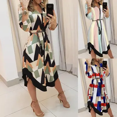 Hot Sale New Design Fashion Waistband Sexy Printed Shirt Dress