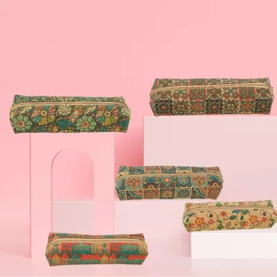 Floral Geometric Patchwork Cork Pencil Case Large Capacity Portable Travel Organizer Cork Pencil Bag