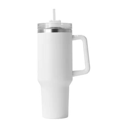 Custom Logo Leak Proof Flip Straw Stainless Steel Coffee Mug Reusable Double Wall 40oz Tumbler with Handle