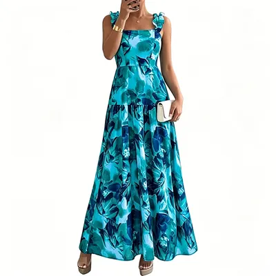 Ruffle Strap Square Neck Green Leaf Floral Print Pocket Tiered Maxi Dress