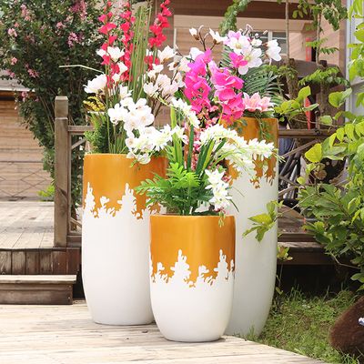 H014 Fiblerglass Gilding Cylinder Flowerpot Decoration Large Flower Planter Pot Tall Flower Decor Vase Wholesaler