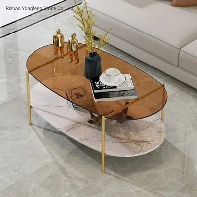 Black Modern Marble Shelf Tempered Glass Top Oval Coffee Table
