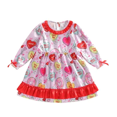 1 PCS Custom Tag Valentine's Day Polyester Autumn Winter Infant Toddler Children Clothes Kids Girls Dress