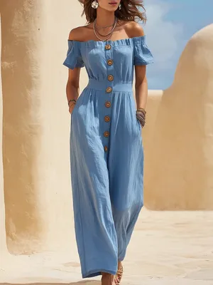 Women's Summer Vacation Style off-The-Shoulder Solid-Color Buttoned Ruffled Short-Sleeved Fitted Jumpsuits Wide-Leg One-Piece Pants