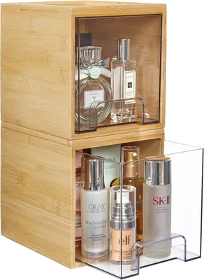 Bamboo Stackable Storage Drawers Wooden Bathroom Organizer Plastic Storage Bins for Vanity, Undersink, Kitchen Cabinets, Pantry Organization and Storage