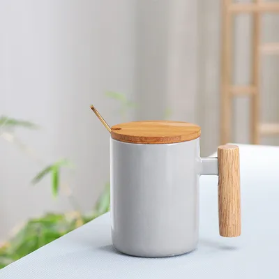 Nordic Gift Porcelain Cup with Lid and Spoon, Wooden Handle Ceramic Coffee Cup Mug