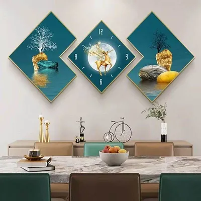 3PCS/Set Restaurant Decoration Painting Clock Modern Wall Art Decor Abstract Pictures