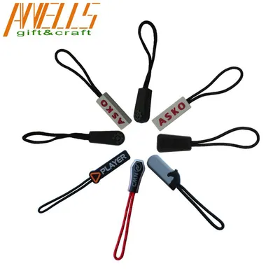 Custom 2D 3D Silicone Zipper Puller PVC Zipper Slider Rubber Zipper Head with Waxed String for Sports