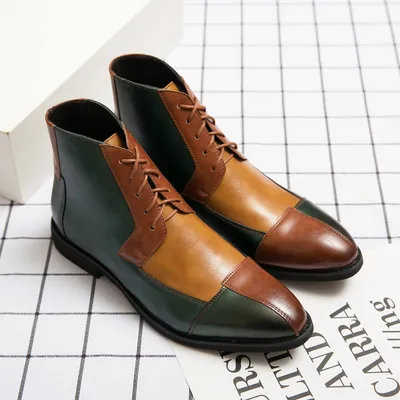 British Style Martin Boots Men's Brock Color Blocked High Top Leather Shoes