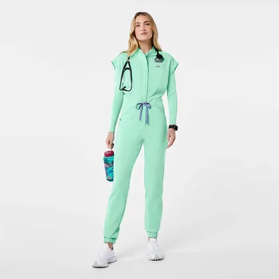 Custom Logo Green Woven 72% Polyester 22% Rayon 6% Spandex Needle Detection Scrub Jumpsuit Unisex Short Sleeve One Piece Uniform