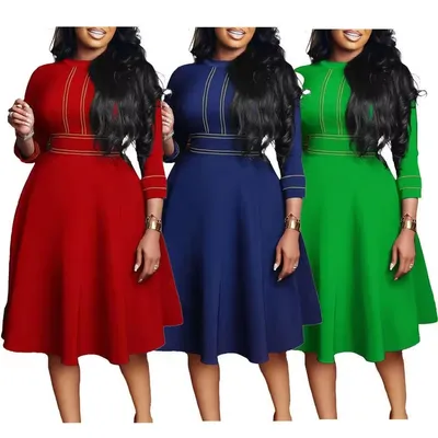 High-Quality Extended-Length Women's Office Dress with a Round Neckline Design