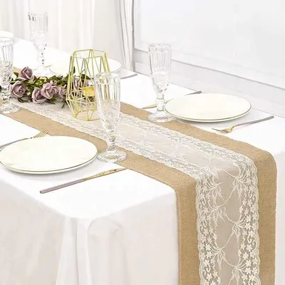 Natural Vintage 12X108 Inch Burlap Lace Jute Table Runner Rectangular Rustic Woven Lace Table Runner for Decorative Purpose