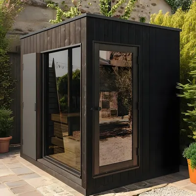 Triunity Engineered 4-Person Outdoor Square Sauna Cabin - Modular Dry Heat Wood Pavilion for Wellness Resort Project