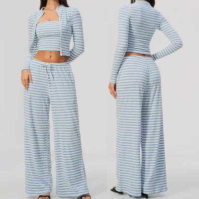 Women 3 Piece Striped Lounge Set, Strapless Bandeau Tube Top, Full Zip Cropped Jacket & Drawstring Wide Leg Pants, Ribbed Knit Workout Set