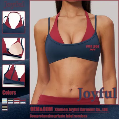 Color-Blocking Gym Wear Woman False Two-Piece Halter Underwear Sexy Padded Sports Bra