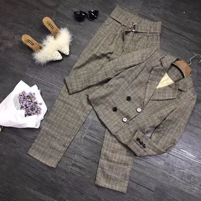Retro Vertical Stripes Suit Lapel with Double-Breasted Pantsuit