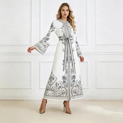English: Vintage Paisley Print Flare Long Sleeve Belted Waist Abaya Maxi Dress Elegant Belted Abaya Dress in Vintage Paisley Print