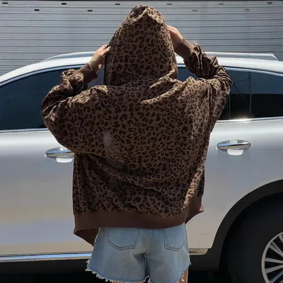 Women Designer Clothing Leopard Print Corduroy Full Zip Oversized Hooded Jacket