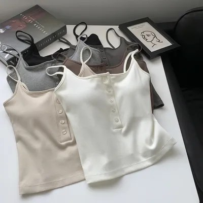 Button-Strap Camisole Bra Fixed Padded Top Vest Inner Layering