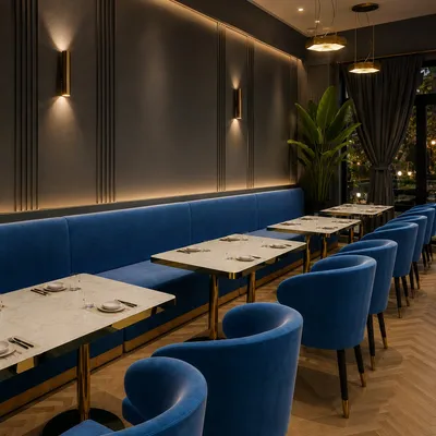 Modern Elegant Blue Leather Coffee Shop Bistro Hotel Project Seat Booth Sofa Set Dining Wooden Restaurant Furniture